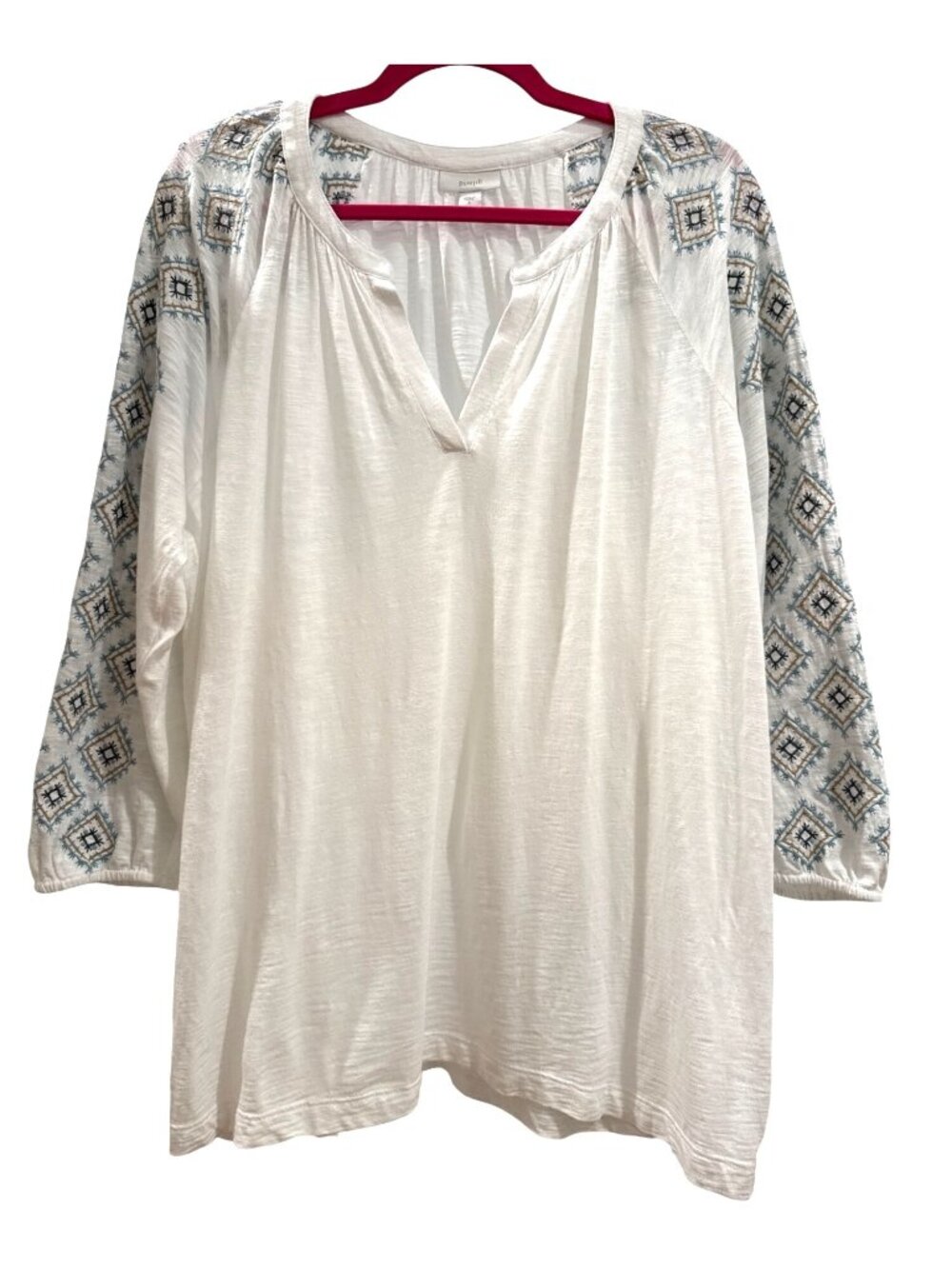 Pure Jill Womens Embroidered Tunic Top Size L Cotton Tencel Blend White & Blue